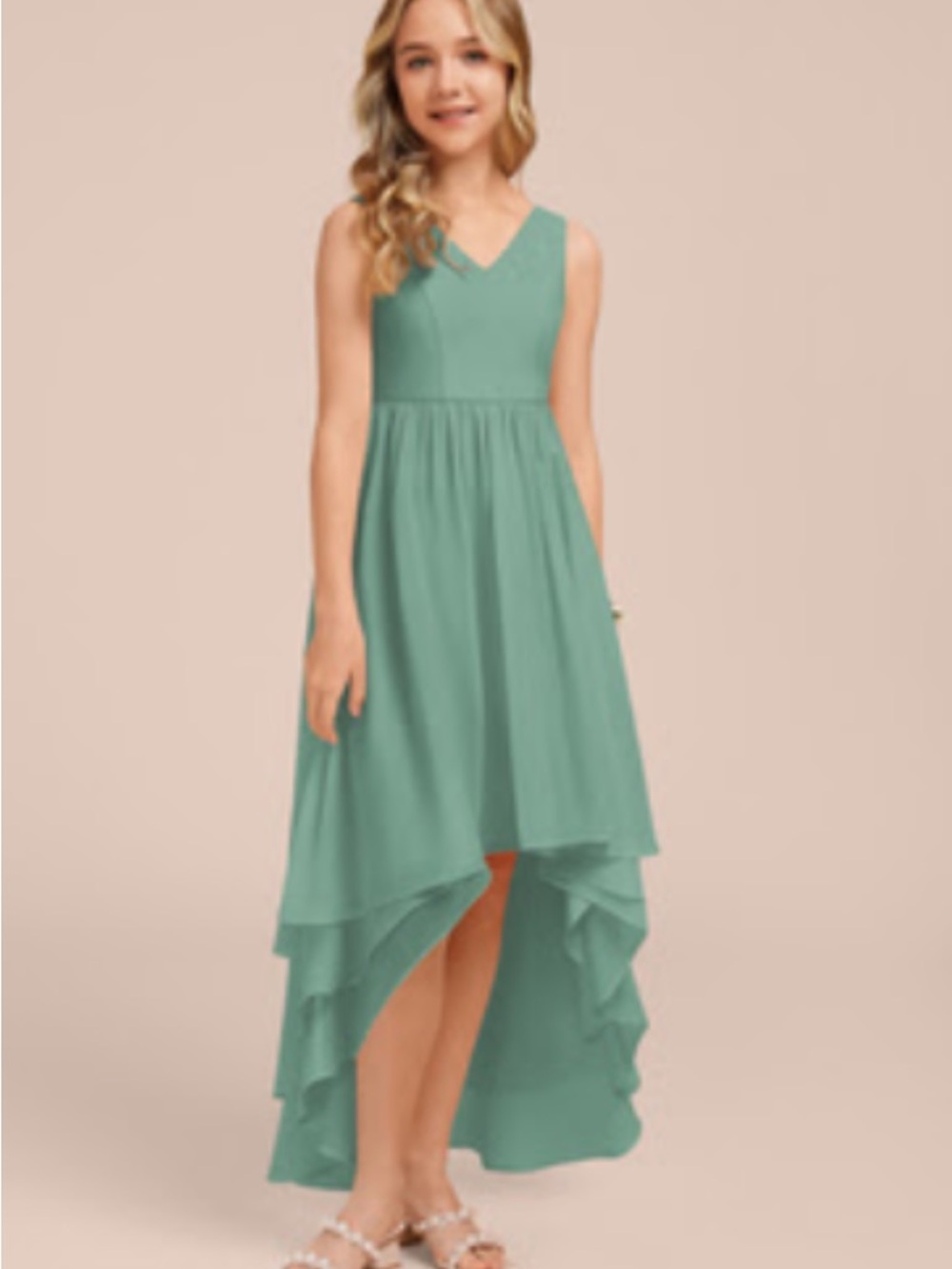 JJs House Sage Green High-Low V-Neck Dress with Layered Skirt